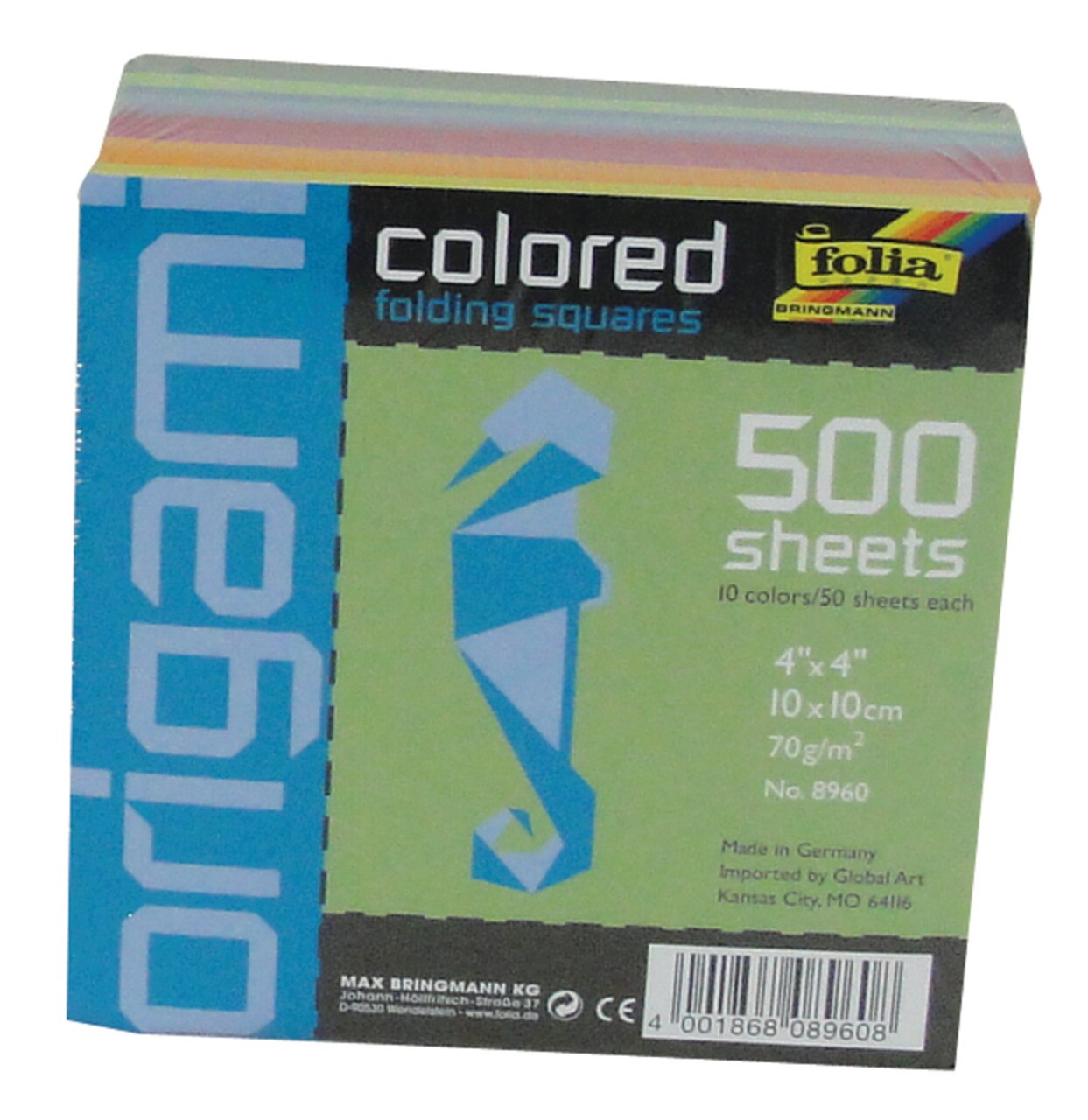 Global Art Origami, 4" X 4", 10-Colors, 500 Sheets/Pkg.